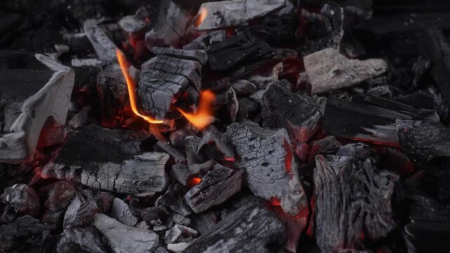 Close up of smoldering charcoal with glowing embers and ash texture in low light, ideal for fire, heat, grilling, fuel, and dramatic background concepts.