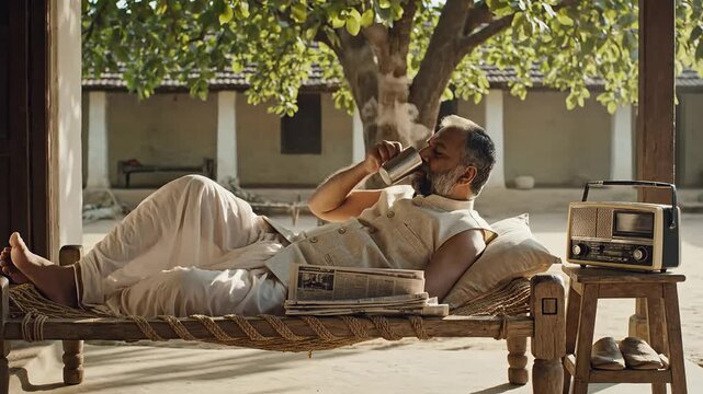 Senior indian man enjoys a tranquil moment sipping tea on a traditional charpai outdoors, beside a newspaper and retro radio, capturing authentic village daily life.