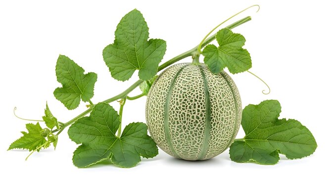 Unripe cantaloupe fruit still attached to its leafy vine stem against a white background
