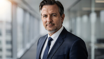 Fototapeta premium Confident professional businessman in a navy blue suit for corporate leadership portrait.