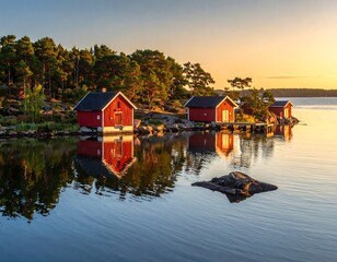 Scenic shot of red cabins by calm water during sunset with lush greenery and reflections