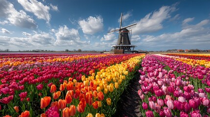 Vibrant rows of blooming red, pink, yellow, and orange tulips surround a classic rustic Dutch wooden windmill under a beautiful blue sky.