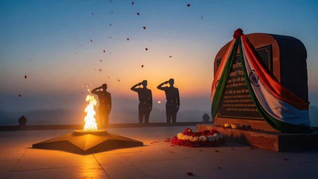 Soldiers saluting memorial monument at sunset ceremony