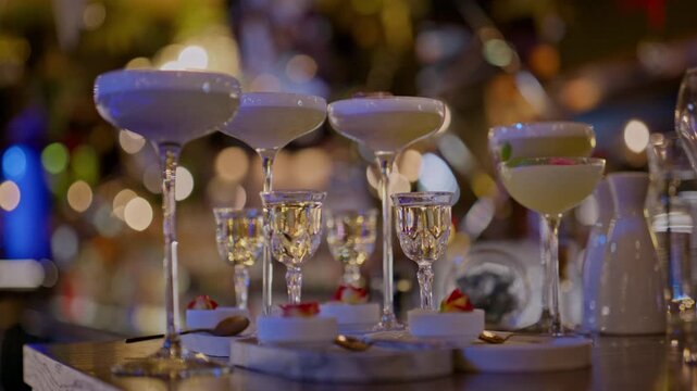 Signature cocktails. Beautiful and delicious alcoholic drinks. Bar restaurant. An alcoholic cocktail beautifully served in a glass.