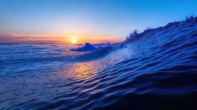 A wave crests at sunset, showcasing vibrant blues and oranges. Tiny red objects float