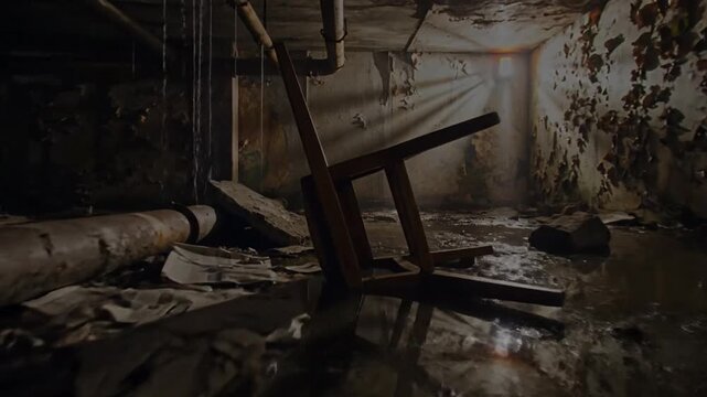 Desolate underground basement with weathered pipes and murky water reflecting a lone light