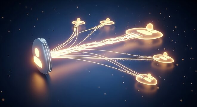 Glowing coins connected by light rays emanating from a central coin in a starry dark blue space viewed from a slight angle jpg (632).jpg