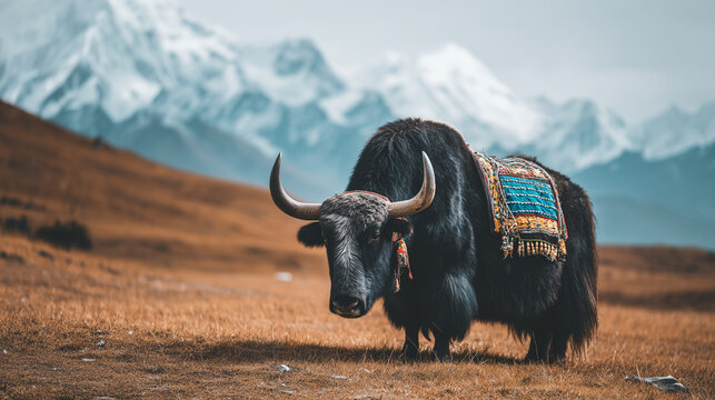 Yak Festival, Yak with Decorative Blanket in Snowy Mountain Landscape Emphasizing Endurance and Sacred Role in Yak Festival