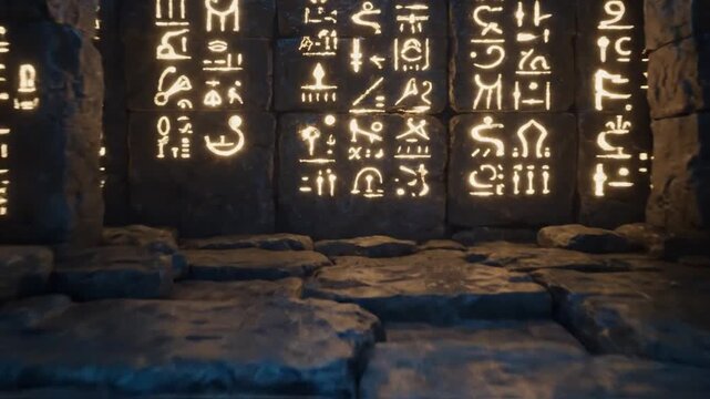 Dim cavern chamber illuminated by glowing runic panels and a circular sigil on cracked stone floor