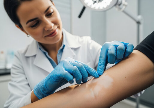 Dermatologist examining depigmented skin on patient arm, clinical vitiligo consultation