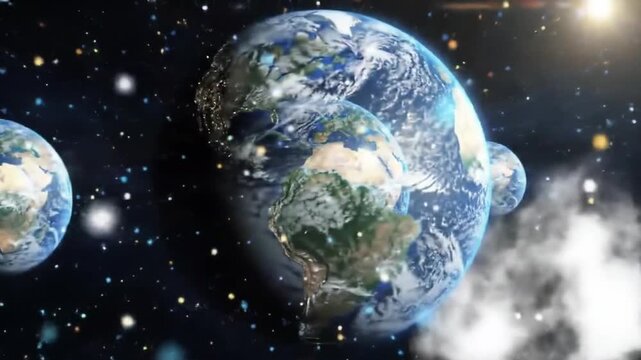Several Earth-like planets float in a cosmic space. These planetary bodies, spheres with oceans and land, overlap in cosmic clouds
