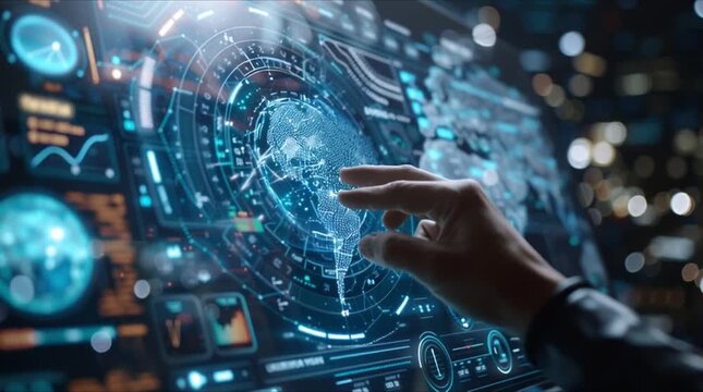 Futuristic interactive data analysis dashboard with 3D hologram globe and complex digital UI elements (AI Generated)