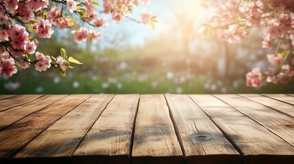 Cherry Blossoms Bloom Over a Wooden Table in a Sunny Garden During Springtime
