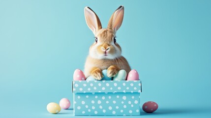 Obraz premium Cute Bunny With Colorful Eggs in a Box on a Blue Background During Easter Time