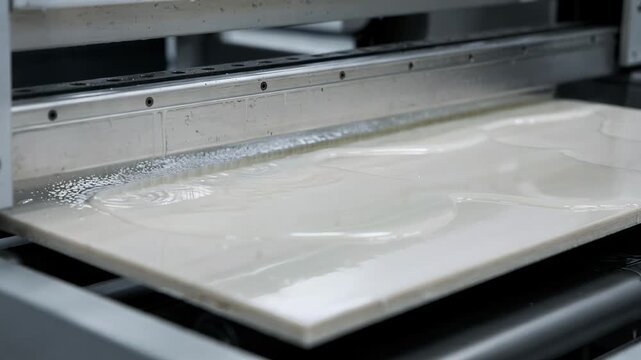 Medium shot of lightweight board receiving precise air knife coating showcasing uniform film leveling with highvelocity air stream for smooth surface finish.