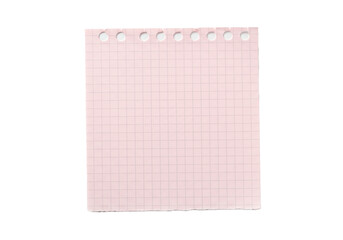 Fototapeta premium A single sheet of pastel pink grid paper with subtle grey lines, natural texture, rough edges, two punched holes on a transparent background with copy space, ready for notes concept