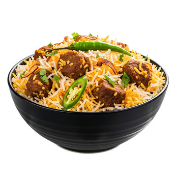 A delicious bowl of meat biryani with rice and vegetables isolated on transparent background
