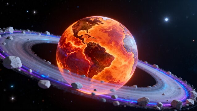 A background of Earth viewed from a distant space perspective, resembling a lonely molten marble rotating in the black cosmic void