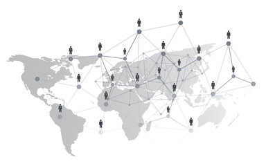 Black and White Networks, Business or Social Media Connections Concept Design with Grey World Map and 3D Wireframe Mesh on Isolated White Background - Businessman Figures Connected with Polygonal Mesh © bagotaj