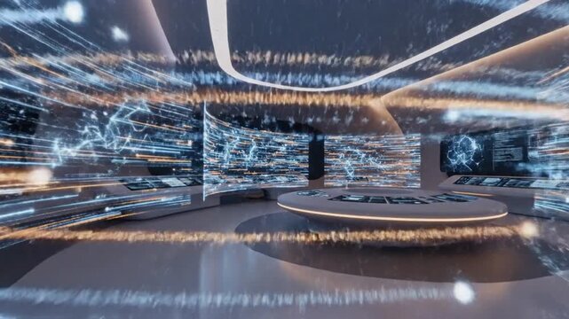 Dimly lit futuristic command center with curved white seating and holographic globe