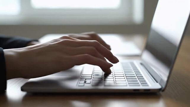 Close up of persons hands typing on a laptop keyboard selective focus