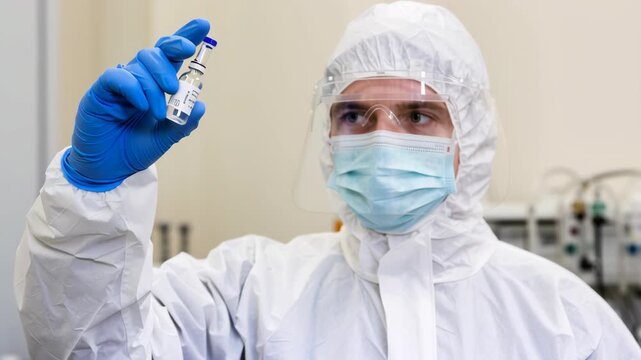 Measles outbreaks concept,Scientist wearing protective suit and face shield holding vial laboratory