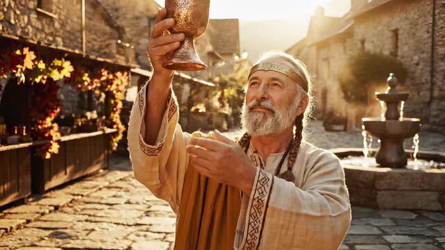Medieval man raises chalice in ancient village during sunset. Elder holds goblet in medieval courtyard. Man with chalice stands in village. Historic stone buildings frame medieval man with goblet.