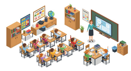 teacher and students in classroom with desks and blackboard © Kamar