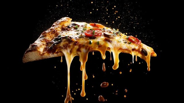 Pizza Slice with Melting Cheese: A tantalizing shot of a pizza slice with stringy, melted cheese dripping down in a dark room, showcasing its rich texture and inviting flavor.
