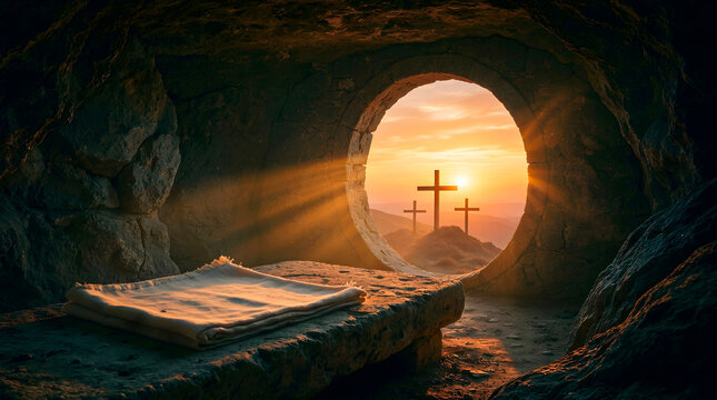 Ancient stone tomb with open circular entrance and three crosses at golden sunrise. Powerful Christian Easter resurrection symbolism of hope and new life.
