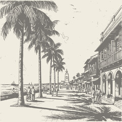 Vintage black and white illustration of a tropical seaside promenade with palm trees and historic buildings.