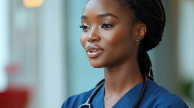 Confident Medical Professional: A close-up shot of a poised female medical professional, epitomizing expertise and empathy, she radiates assurance and understanding in a medical setting.
