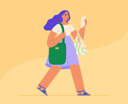 Young woman walking with grocery shopping bags. Flat vector illustration.