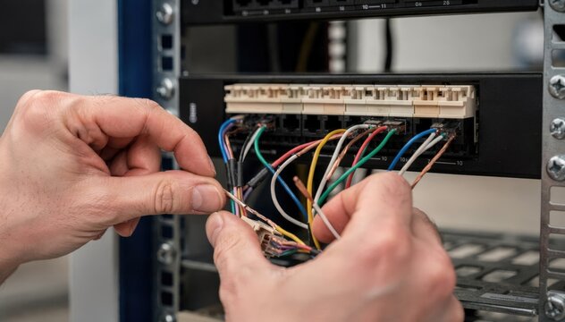 Closeup on technicians hands replacing old punchdown blocks with sleek modern patch panels capturing detailed wiring work with soft background focus.