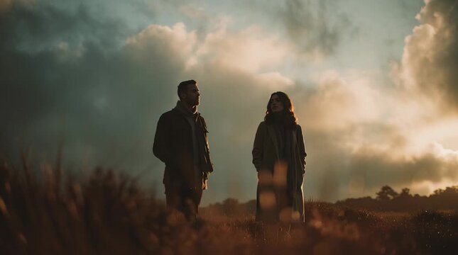Wide cinematic shot of a couple standing together in open space with strong negative space above and around them, designed as a hero image composition for advertising campaigns and editorial layouts.
