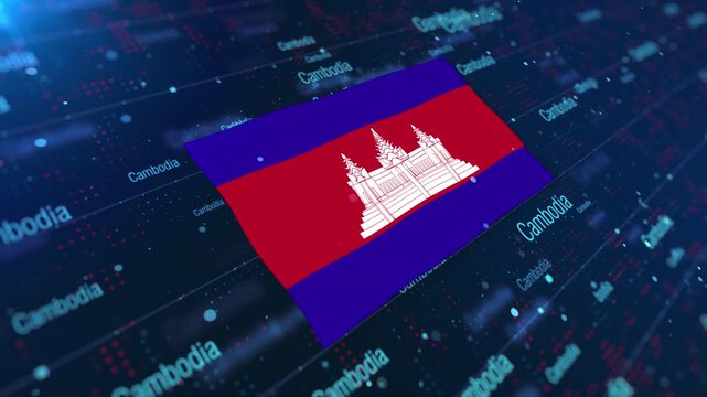 Cambodia Flag Waving on Abstract Digital Background with Glowing Elements