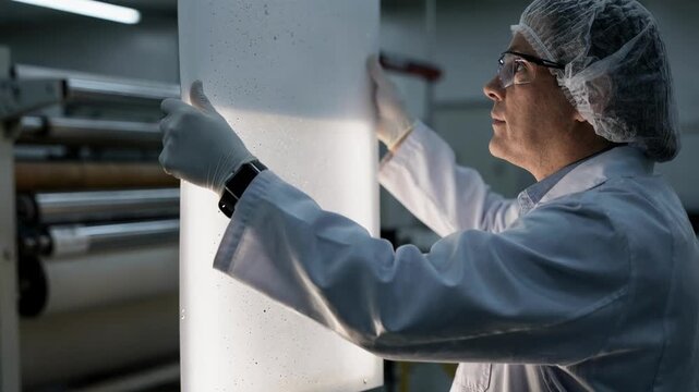 Medium shot of technician manually inspecting backlit coated sheets focusing on detecting pinholes and surface defects for quality control in a manufacturing setting.