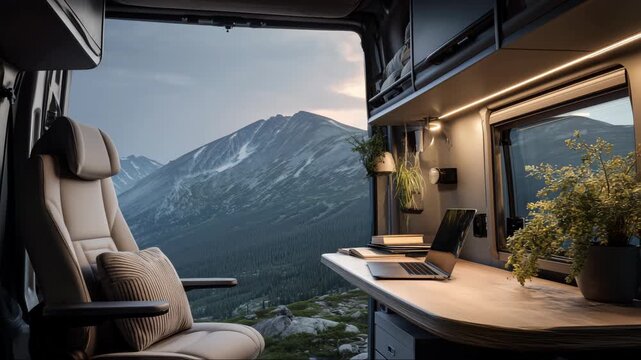 Mobile office in camper promoting remote work and digital nomad lifestyle