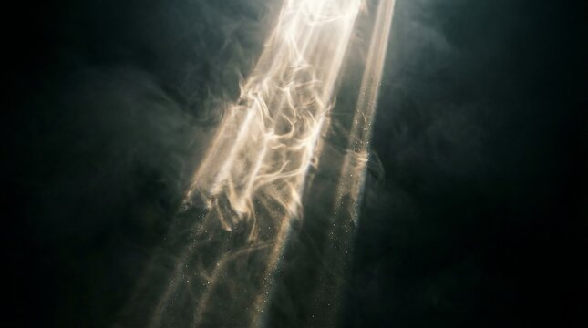 Volumetric caustic light beams in dense fog and dark void with Tyndall effect, ethereal atmospheric background for mystery, spirituality, and cinematic concept with copy space.