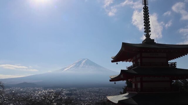 Mount Fuji and Chureito Pagoda from Arakurayama Sengen Park in Fujiyoshida, Japan. The park offers a stunning view of Mount Fuji, especially framed by pagoda