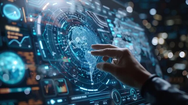 Futuristic interactive data analysis dashboard with 3D hologram globe and complex digital UI elements (AI Generated)