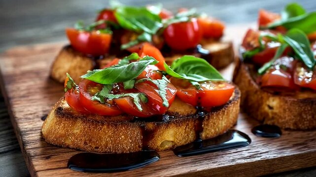 Fresh Bruschetta with Tomatoes and Basil on Wood
