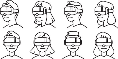 Obraz premium Minimalist collection of eight line art icons featuring men and women wearing virtual reality (VR) headsets from front and side perspectives.