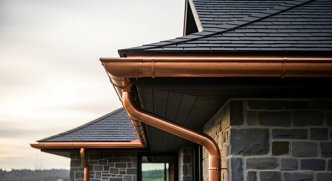 Elegant Copper Rain Gutters and Downspouts on a Modern Stone House Exterior with Dark Shingle Roof