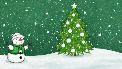Fototapeta premium Festive Christmas Scene with Snowman and Decorated Tree.