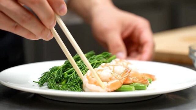 Chef plating a dish of shrimp, asparagus, and greens on a white plate