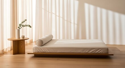 Serene Minimalist Bedroom Space Bathed in Gentle Morning Light, Promoting Calm Relaxation