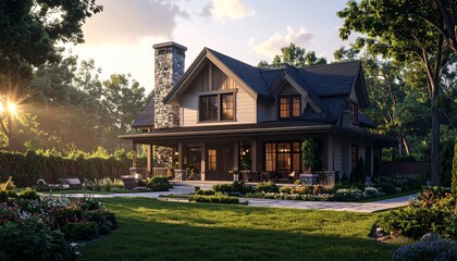 Fototapeta premium Stunning Modern Farmhouse with Lush Green Lawn and Natural Light.