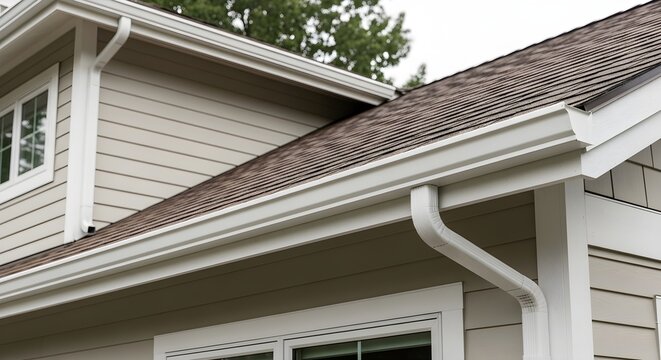 Seamless White Gutters Installed on a Modern Residential House for Efficient Water Drainage and Protection