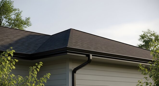 Newly Installed Dark Asphalt Shingle Roof on a House with Black Gutters and Downspout Against a Bright Sky